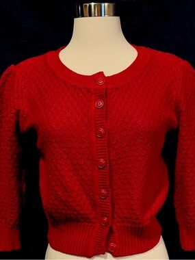 Women's Red Textured Button-Up Cardigan Sweater